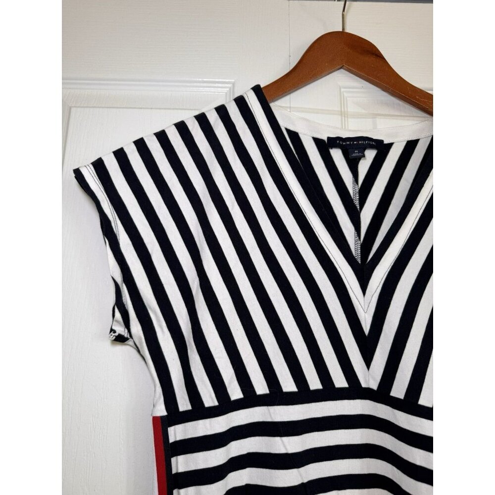Tommy Hilfiger Striped Dress M Black White V-Neck Nautical Red Stripe - Picture 3 of 7
